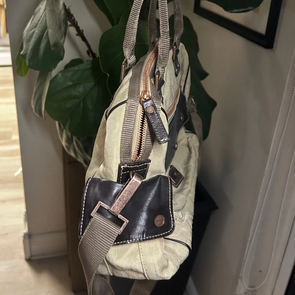 Rare Vintage Y2K Guess Canvas Handbag Beige/Tan Multi-Pocket Utility Cargo Purse